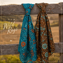 Load image into Gallery viewer, Double sided rich brown paired with turquoise floral paisley print wild rag.
