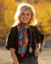 Load image into Gallery viewer, 100% lightweight silk. Fiery orange, deep purple, and turquoise paisley print.
