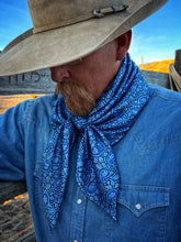 Load image into Gallery viewer, Double sided blue paisley print wild rag with delicate floral detailing.
