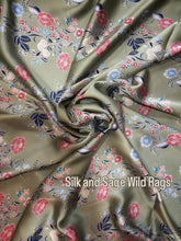 Load image into Gallery viewer, Simply stunning, light mint green with blues and pinks. Lightweight satin floral satin.
