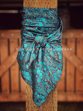 Load image into Gallery viewer, 3D turquoise and chocolate brown tooled leather floral silky charmeuse. (Copy)
