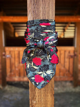 Load image into Gallery viewer, Rich grey and black tones with vibrant red roses on a silky soft charmeuse fabric.
