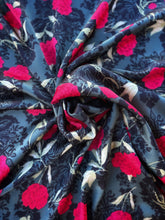 Load image into Gallery viewer, Rich grey and black tones with vibrant red roses on a silky soft charmeuse fabric.
