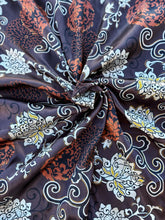 Load image into Gallery viewer, Deep brown back ground with rust and white flowers with a touch of gold on a silky charmeuse.
