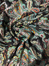 Load image into Gallery viewer, Bold colors of turquoise, red, blue, green orange, mustard yellow. Paisley floral print on a soft peach skin.
