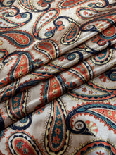 Load image into Gallery viewer, Creamy cream paisley with navy, greens, orange and a touch of gold.  Silky charmeuse print.
