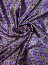 Load image into Gallery viewer, Purple back ground with small paisley print. Med weight charmeuse satin fabric.
