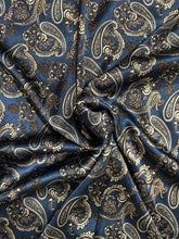 Load image into Gallery viewer, Bold blues, black and cream paisley on a Silky charmeuse fabric
