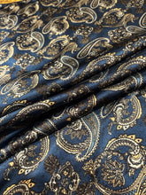 Load image into Gallery viewer, Bold blues, black and cream paisley on a Silky charmeuse fabric
