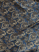Load image into Gallery viewer, Bold blues, black and cream paisley on a Silky charmeuse fabric
