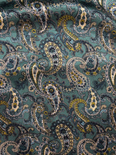 Load image into Gallery viewer, Teal, turquoise and green paisley on a Silky charmeuse fabric
