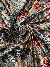 Load image into Gallery viewer, Unforgettable rose print with box and beige accents on a satin blend fabric.
