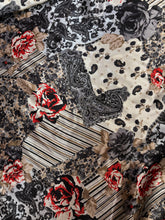 Load image into Gallery viewer, Unforgettable rose print with box and beige accents on a satin blend fabric.
