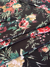 Load image into Gallery viewer, Stunning bright red, beige, green and black floral on a light satin charmeuse fabric.
