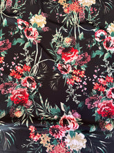 Load image into Gallery viewer, Stunning bright red, beige, green and black floral on a light satin charmeuse fabric.
