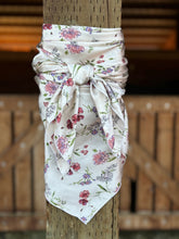 Load image into Gallery viewer, Pretty cream with mauve, burgundy, pink and purple flowers on a silky lightweight charmeuse fabric
