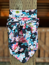Load image into Gallery viewer, Dark navy with pink, coral, white and blue floral print on a silky satin charmeuse fabric
