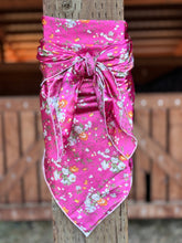 Load image into Gallery viewer, Spunky pink with white, yellow and sage green flowers on a silky satin charmeuse fabric
