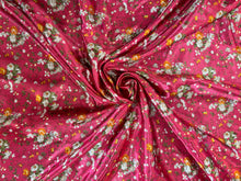 Load image into Gallery viewer, Spunky pink with white, yellow and sage green flowers on a silky satin charmeuse fabric
