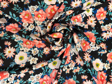 Load image into Gallery viewer, Dark navy with pink, coral, white and blue floral print on a silky satin charmeuse fabric
