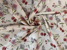 Load image into Gallery viewer, Pretty cream with mauve, burgundy, pink and purple flowers on a silky lightweight charmeuse fabric
