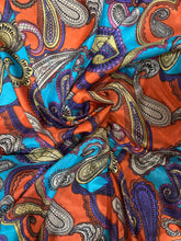 Load image into Gallery viewer, 100% lightweight silk. Fiery orange, deep purple, and turquoise paisley print.
