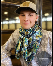 Load image into Gallery viewer, Beautiful blue with green, turquoise, and white paisley design on a soft satin charmeuse fabric.
