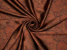 Load image into Gallery viewer, Rich brown elegant paisley pattern with warm copper tones on a silky charmeuse fabric.

