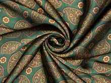 Load image into Gallery viewer, Vibrant Green, double sided wild rag with a stunning gold paisley and floral print on silky charmeuse.
