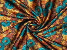 Load image into Gallery viewer, Tooled floral. Rich gold, bronze, teal and brown double sided floral pattern on a silky charmeuse fabric.
