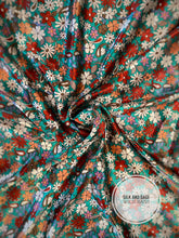 Load image into Gallery viewer, Super fun, floral and paisley charmeuse in teal, turquoise, pink, olive, blue, cream and rust colors
