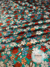 Load image into Gallery viewer, Super fun, floral and paisley charmeuse in teal, turquoise, pink, olive, blue, cream and rust colors
