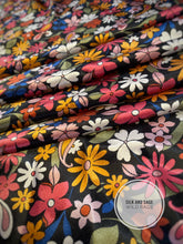 Load image into Gallery viewer, Super fun, floral and paisley charmeuse in black, pink, mustard, blue, cream and rust colors
