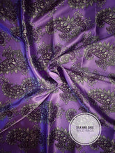 Load image into Gallery viewer, Beautiful purple tone paisley print on a silky charmeuse fabric.
