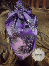 Load image into Gallery viewer, Beautiful purple tone paisley print on a silky charmeuse fabric.
