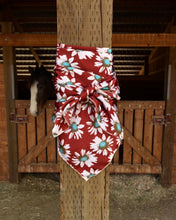 Load image into Gallery viewer, Deep rusty red, tan and turquoise super fun daisy floral silky charmeuse fabric.
