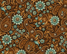 Load image into Gallery viewer, Double sided rich brown paired with turquoise floral paisley print wild rag.
