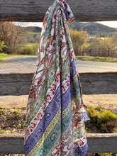 Load image into Gallery viewer, Colorful, paisley floral wild rag with a unique stripe design on a lightweight silky satin fabric
