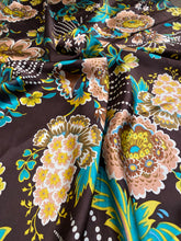 Load image into Gallery viewer, Gorgeous, deep brown, soft peach, teal and yellow floral is made of Super soft 100% silk.
