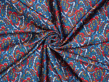 Load image into Gallery viewer, Fabulous blues, reds, mustard, teal and rust paisley and  floral print on a silky charmeuse fabric.
