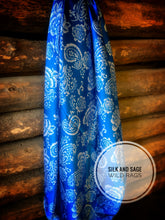 Load image into Gallery viewer, Bright blue and white tropical floral and paisley, silky charmeuse  print.
