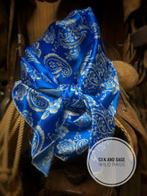 Load image into Gallery viewer, Bright blue and white tropical floral and paisley, silky charmeuse  print.
