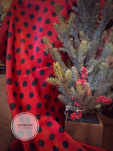 Load image into Gallery viewer, Bright red with black polka dots on a soft, satin charmeuse fabric.
