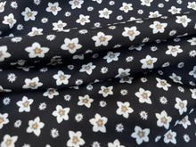 Load image into Gallery viewer, Dainty white and black vintage floral on a silky satin fabric.
