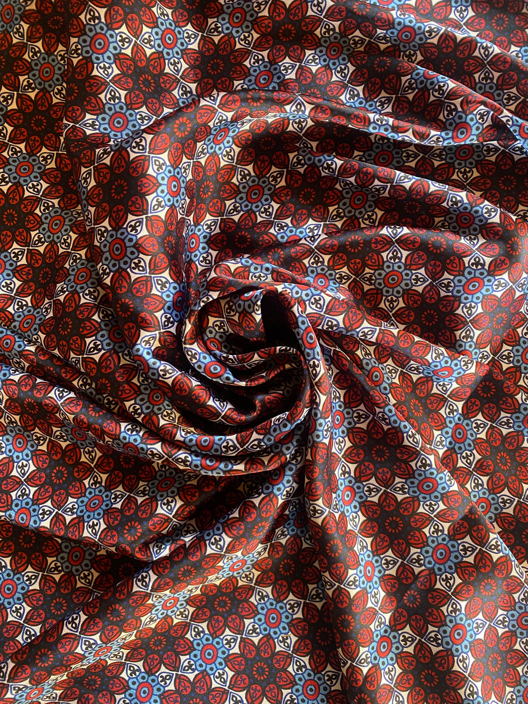 Stunning bold burgundy, blue, and white floral. Silky charmeuse fabric