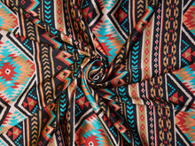 Load image into Gallery viewer, Boho, tribal, Aztec print.  Bright orange, rust, tan, cream, teal, black tone silky charmeuse.
