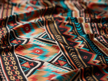 Load image into Gallery viewer, Boho, tribal, Aztec print.  Bright orange, rust, tan, cream, teal, black tone silky charmeuse.
