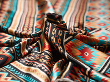 Load image into Gallery viewer, Boho, tribal, Aztec print.  Bright orange, rust, tan, cream, teal, black tone silky charmeuse.
