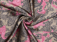 Load image into Gallery viewer, Romantic floral paisley print. Soft pink floral and black paisley with a beautiful goldish gray backgroundtone silky charmeuse.
