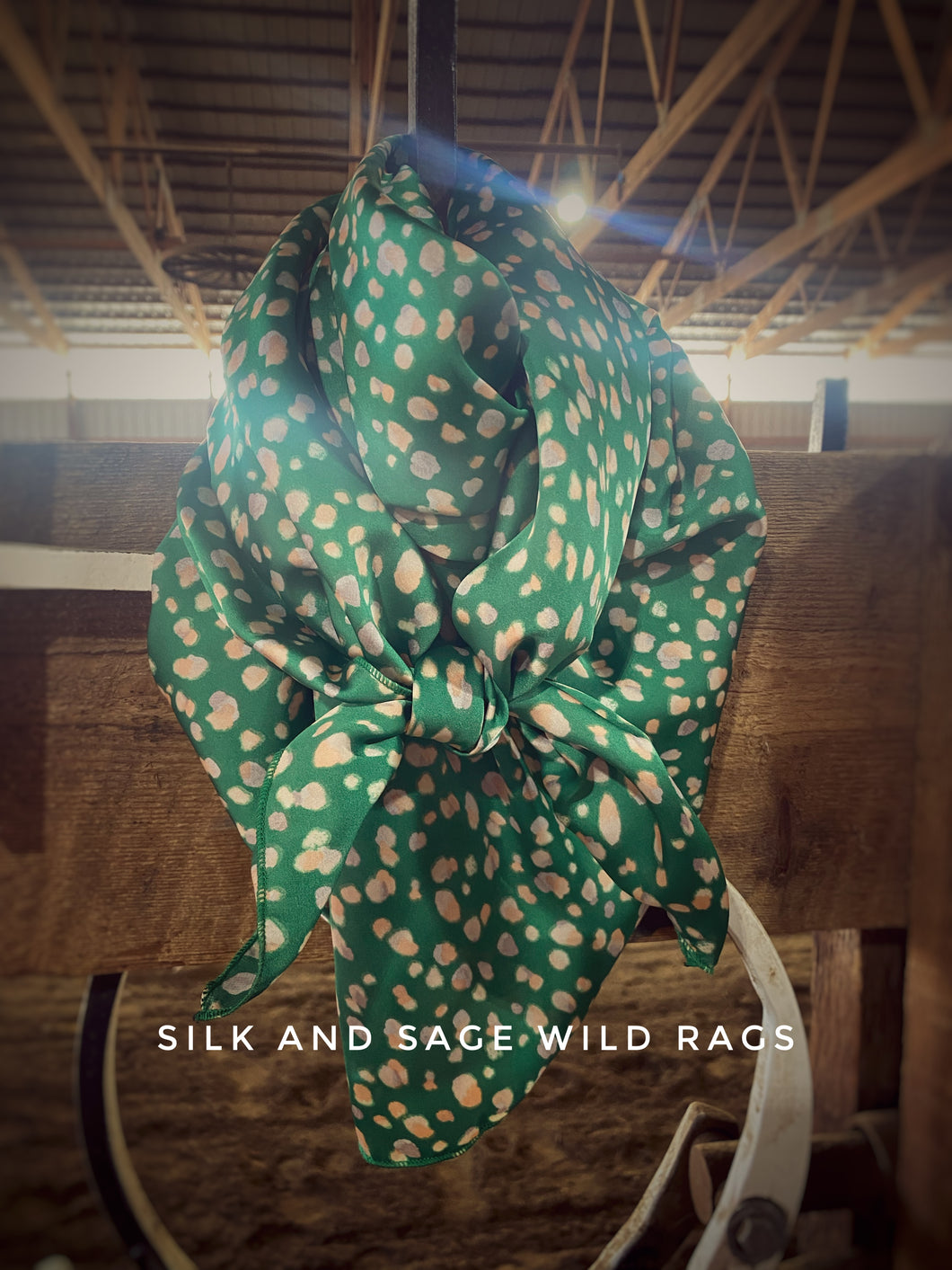 Elegant Kelly green, tan and ivory silk satin print.